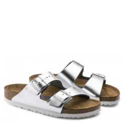 Birkenstock Women's Arizona Softbed Leather In Metallic Silver (Narrow Width) -Getoutside Shoes 1 0 1005961 pair 1100x